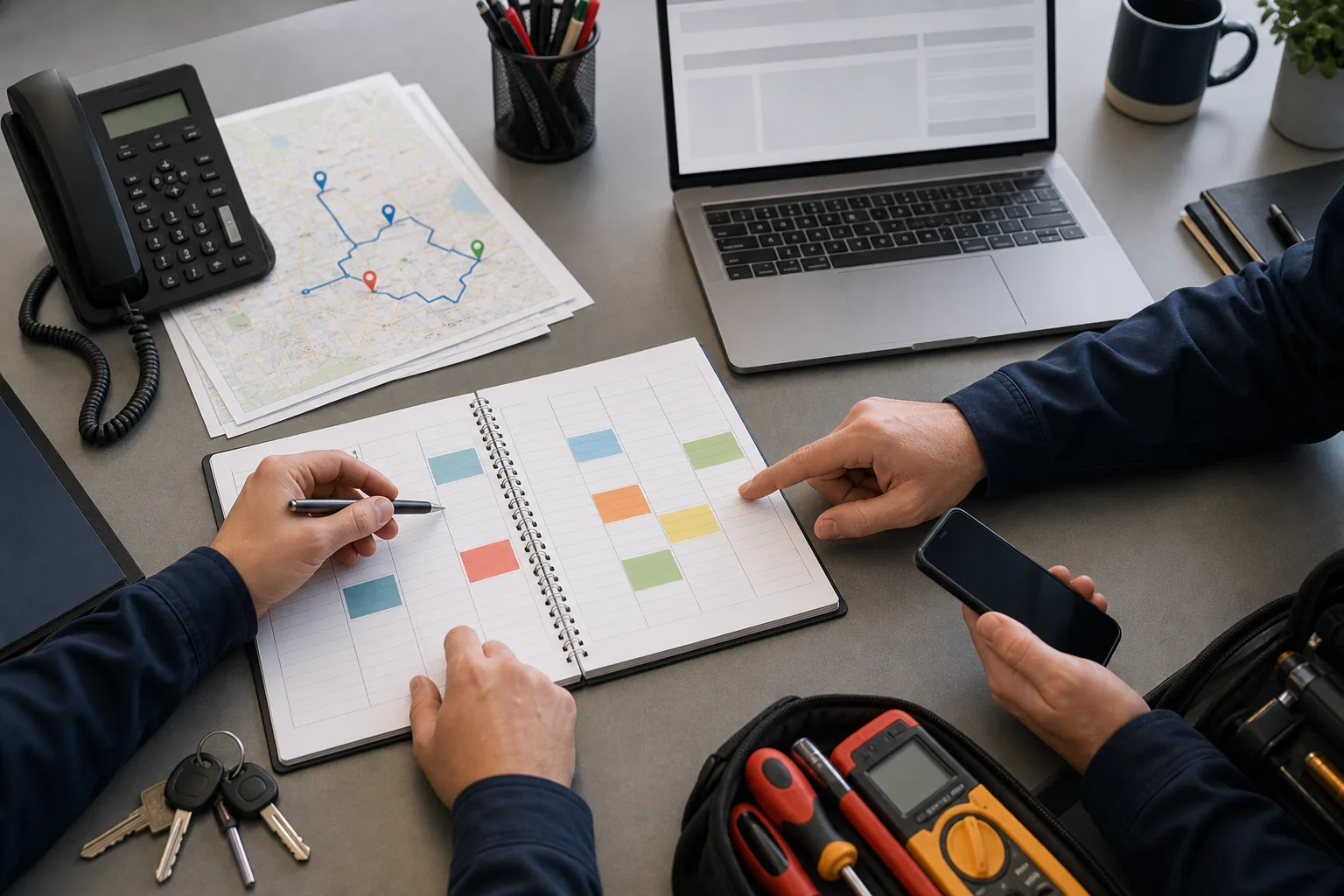 Facilities maintenance planning desk with tools and site notes
