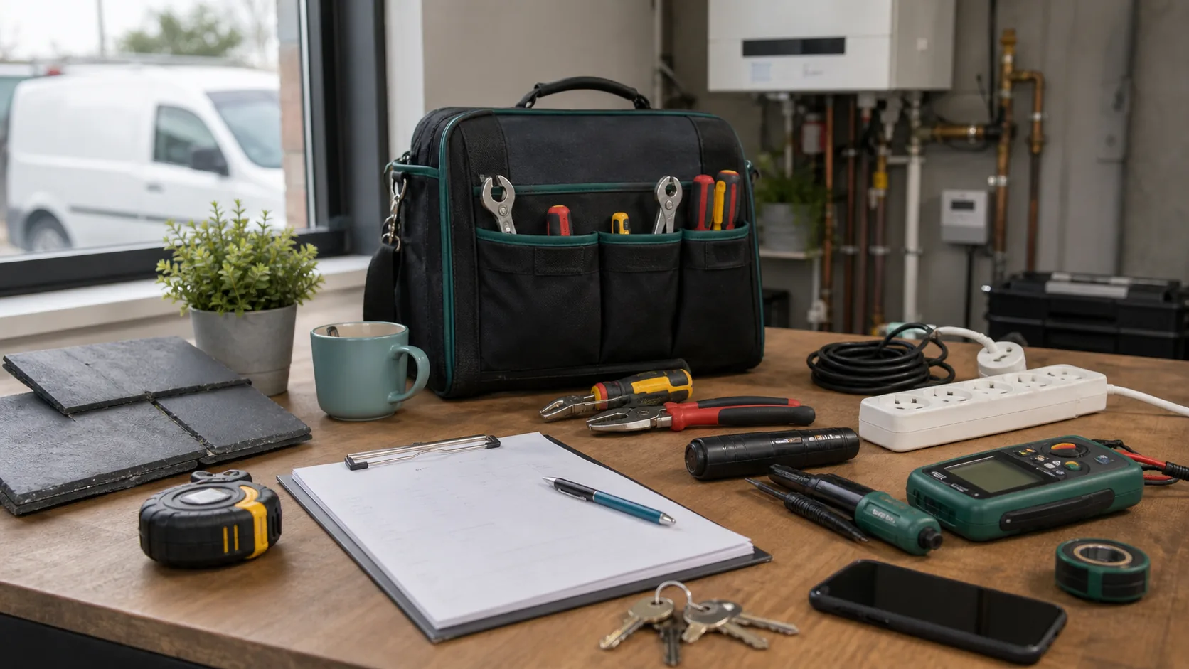 Maintenance tools and testing equipment on a service desk
